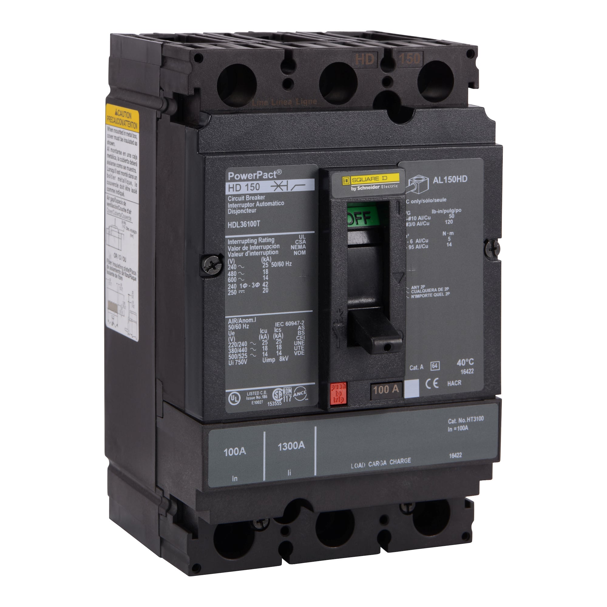 HDL36100T I-Line PowerPact H Type HDL Complete Molded Case Circuit Breaker, 600 V AC/250 V DC, 100 A, 18/14/20/25 kA Interrupt, 3 Poles, Thermal Magnetic Trip