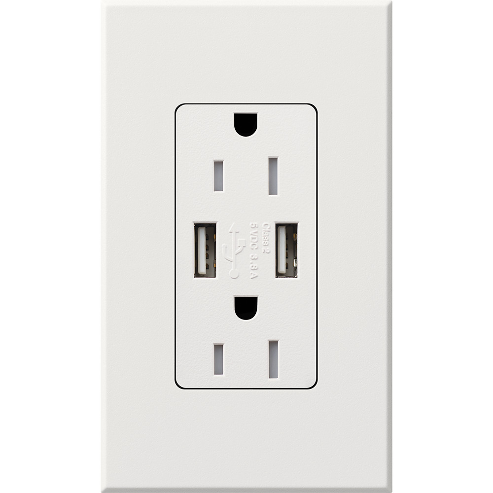 NTR-15-UBTR-WH Architectural  Tamper-Resistant USB-A Duplex Receptacle with Wall Plate, 15 Amp, Self-Testing, Matte, White