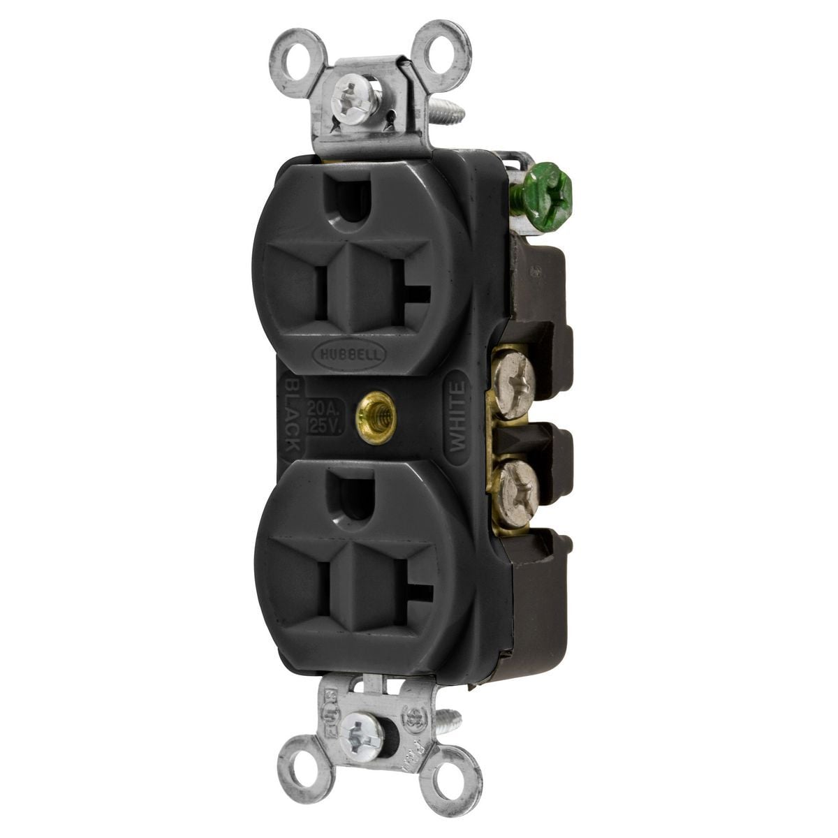 5362BLK 1-Phase Duplex Heavy Duty Self-Grounding Standard Traditional Screw Mount Straight Blade Receptacle, 125 V AC, 20 A, 2 Poles, 3 Wires, Black