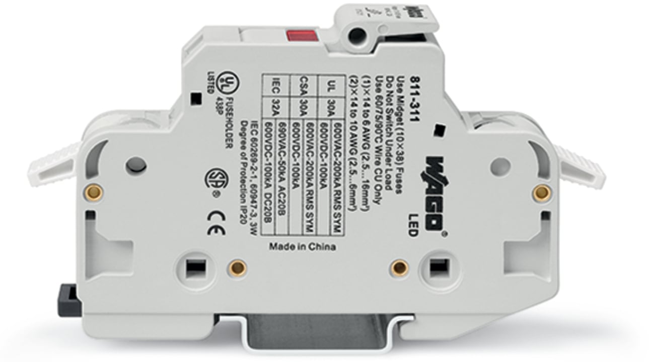 2-conductor fuse holder; for cylindrical fuses 10 x 38 mm; 13/32" x 11/2"; 1-pole; with blown fuse indication; 600 VAC/VDC; for DIN-rail 35 x 15 and 35 x 7.5; 16 mm; CAGE CLAMP; 16,00 mm; light gray
