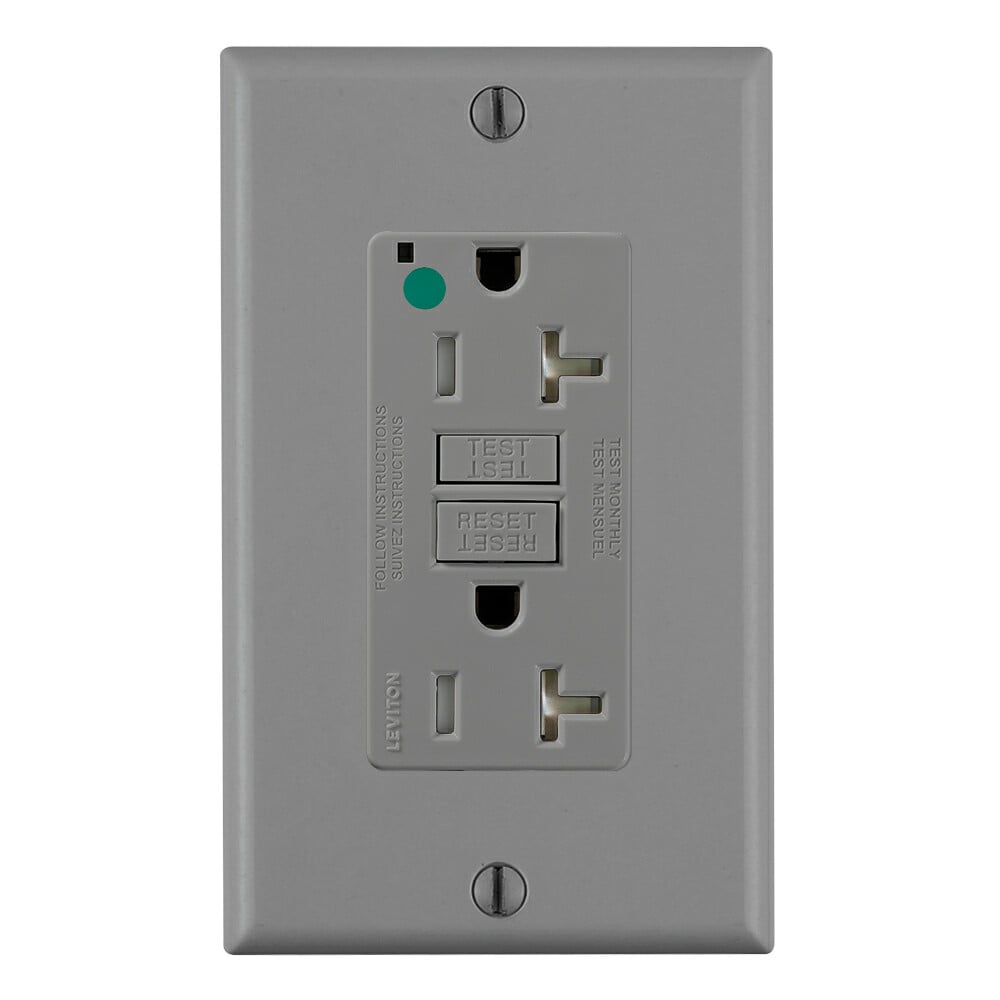 GFTR2-HFG SmartlockPro Slim Duplex Self-Test Tamper Resistant GFCI Receptacle With LED Indicator Light, 120 V AC, 20 A, 2 Poles, 3 Wires, Gray