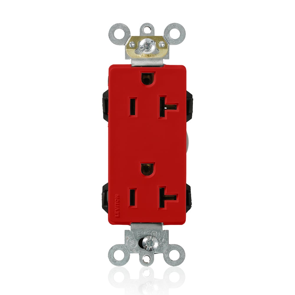 M1636-R Decora Plus Lev-Lok 1-Phase Duplex Heavy Duty Self-Grounding Straight Blade Receptacle, 125 V AC, 20 A, 2 Poles, 3 Wires, Red