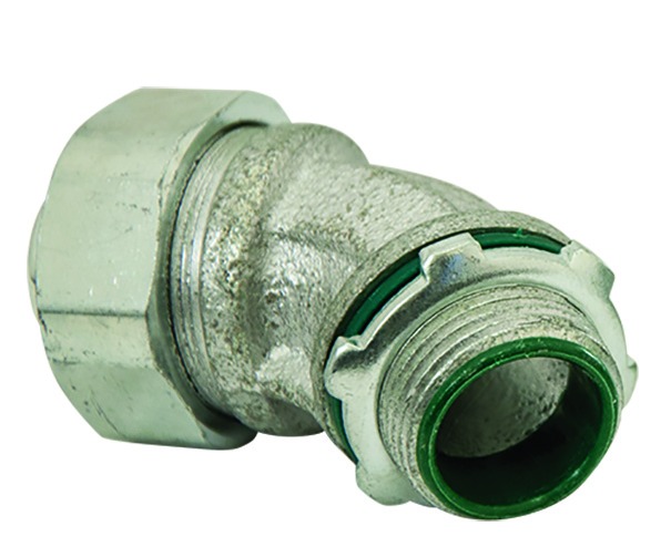 LTQ20045KON Connector Liquid Tight Fitter, 2 in Trade, 45 deg, Malleable Iron, Zinc Plated