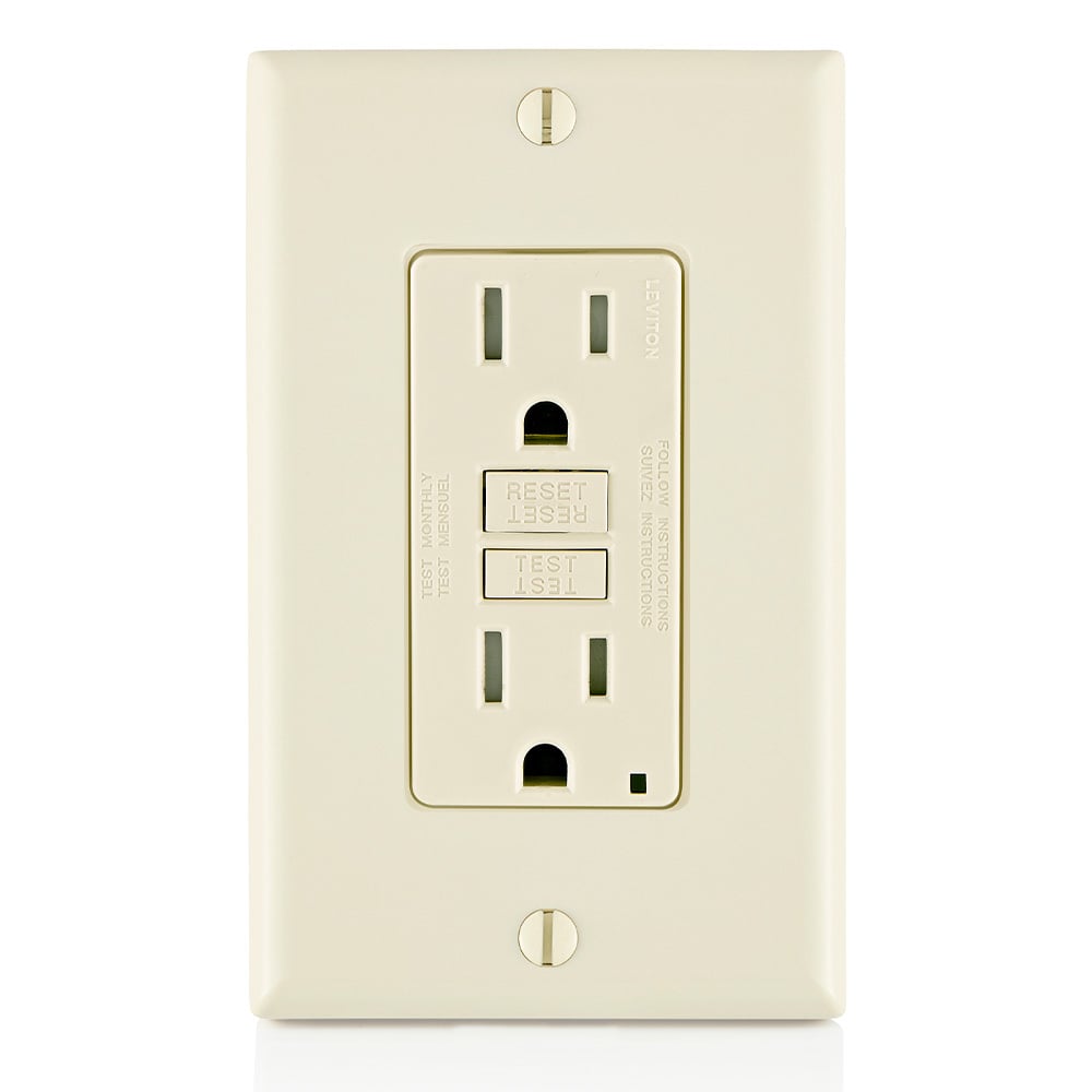 GFTR1-T Duplex Feed Through Self-Test Slim Standard Tamper Resistant GFCI Receptacle With Light Almond Test, Reset Button, 125 V AC, 20 A, 2 Poles, 3 Wires, Light Almond