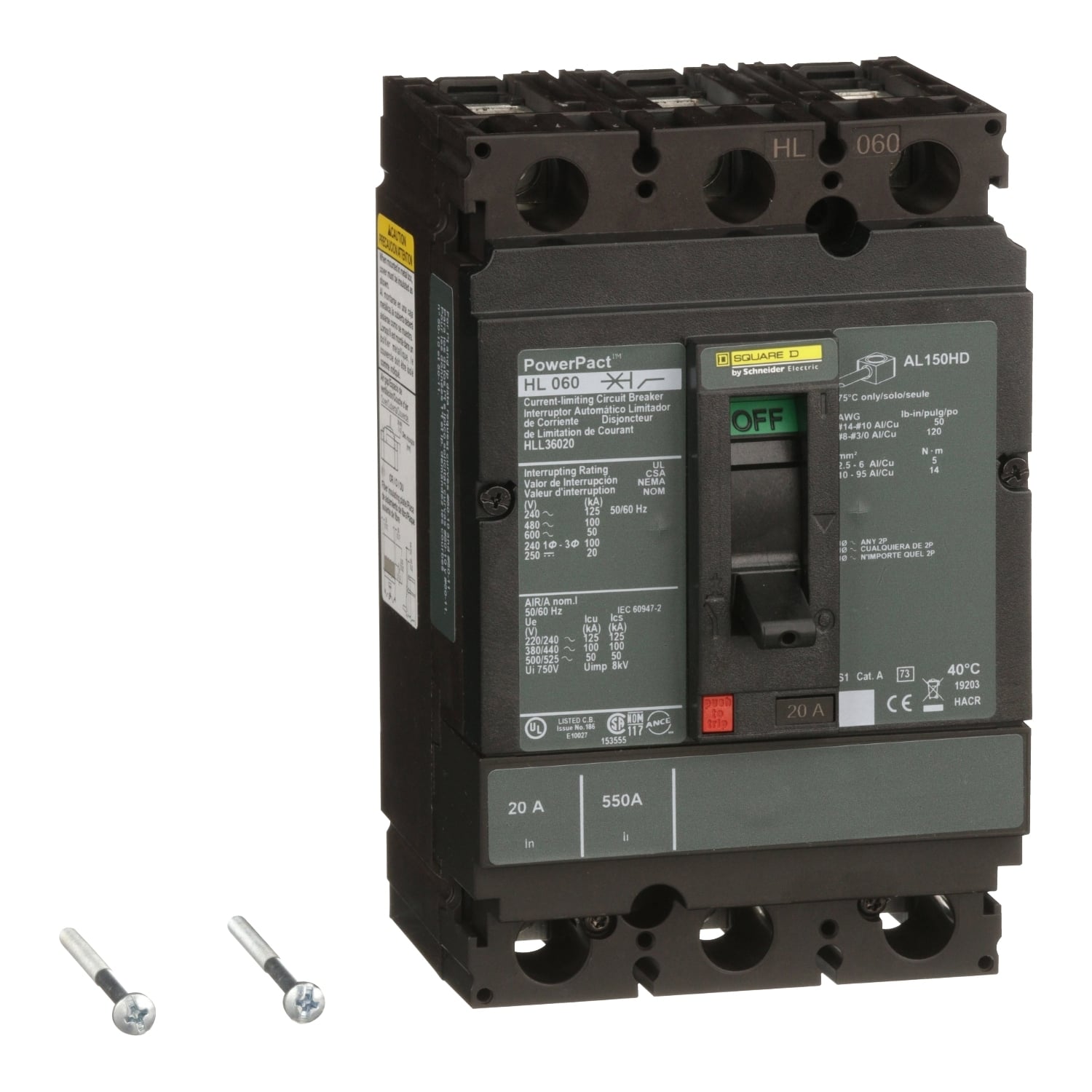 HLL36020 I-Line PowerPact Type HLL Molded Case Circuit Breaker, 600 V AC/250 to 500 V DC, 20 A, 125 kA at 240 VAC/100 kA at 480 VAC/50 kA at 600 VAC/20 kA at 250 VDC/50 kA at 500 VDC Interrupt, 3 Poles, Thermal Magnetic Trip