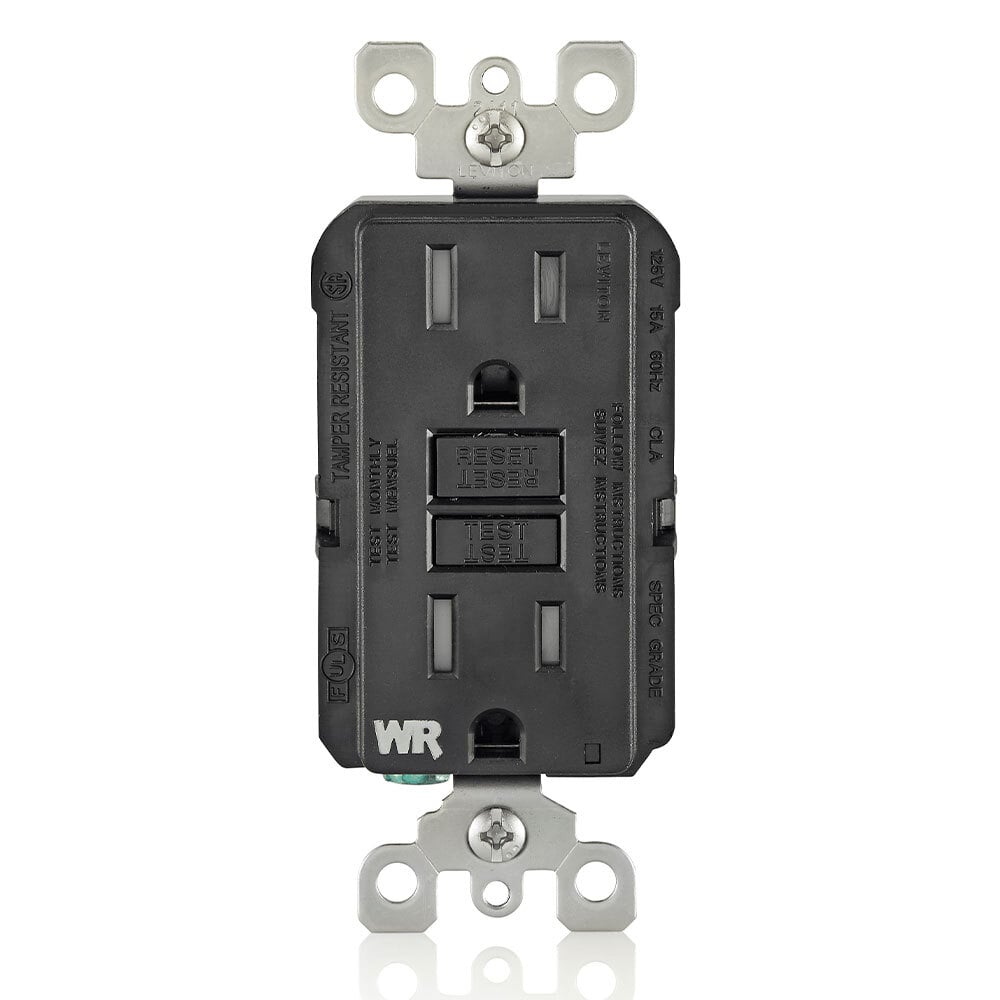 GFWT1-E Duplex Feed Through Self-Test Slim Tamper/Weather Resistant GFCI Receptacle With Black Test, Reset Button, 125 V AC, 15 A, 2 Poles, 3 Wires, Black