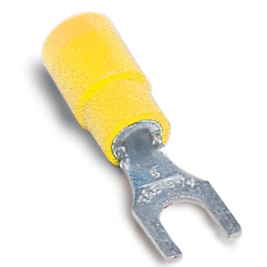 10RC-10FX Sta-Kon RC Series Expanded Insulated Fork Terminal, 12 to 10 AWG Conductor, 1.11 in L, Brazed Seam/Serrated Barrel, Copper, Yellow
