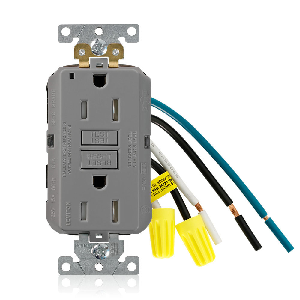 GFTR1-5LG Duplex Self-Test Tamper Resistant GFCI Receptacle With Gray Test, Reset Button, 125 V AC, 15 A, 2 Poles, 3 Wires, Gray