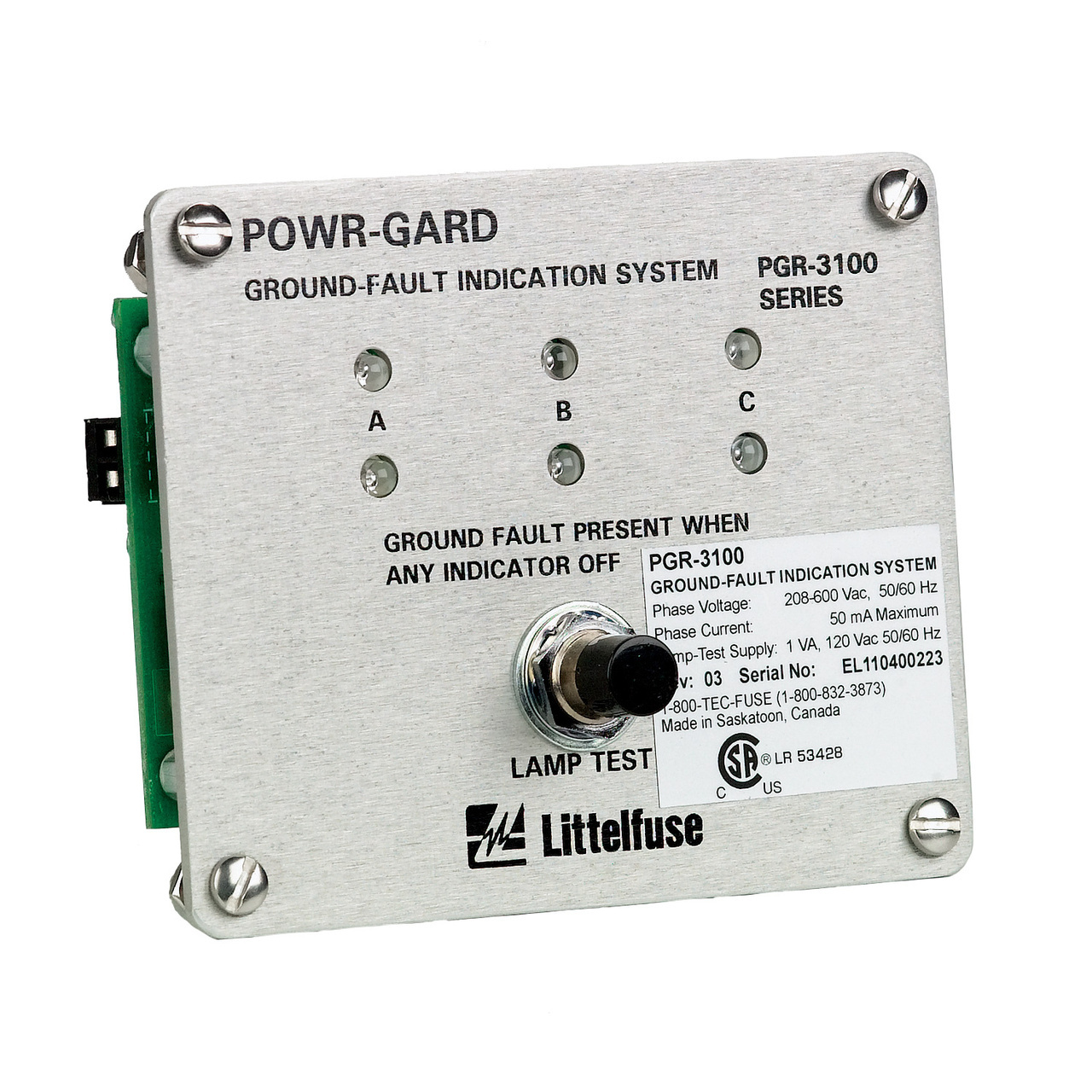 PGR-3100 Powr-Gard Ground Fault Indication System With LEDs, 600 V AC, Panel Mount