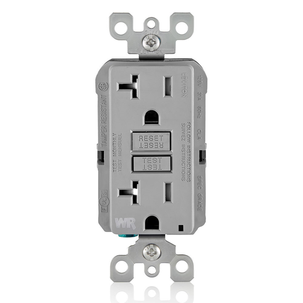 GFWT2-GY Duplex Feed Through Self-Test Slim Tamper/Weather Resistant GFCI Receptacle With Gray Test, Reset Button, 125 V AC, 20 A, 2 Poles, 3 Wires, Gray