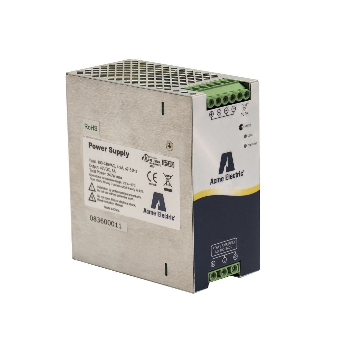 DM12410S DM Series 1-Phase Terminal Block Connection Slimline DC Power Supply, 90 to 264 V AC Input, 24 VDC Output, 240 W Power Rating, 10 A, DIN Rail Mount