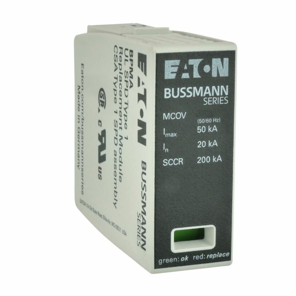 BPMA510UL BPM Series Remote contact Replacement Module, For Use With BSPMA3600WYGR Surge Protective Device, 510 V Operating, 50/60 Hz, 275/550 kA, GL/GG Class, 25 ns Response Time, 35 mm DIN Rail Mount, Thermoplastic