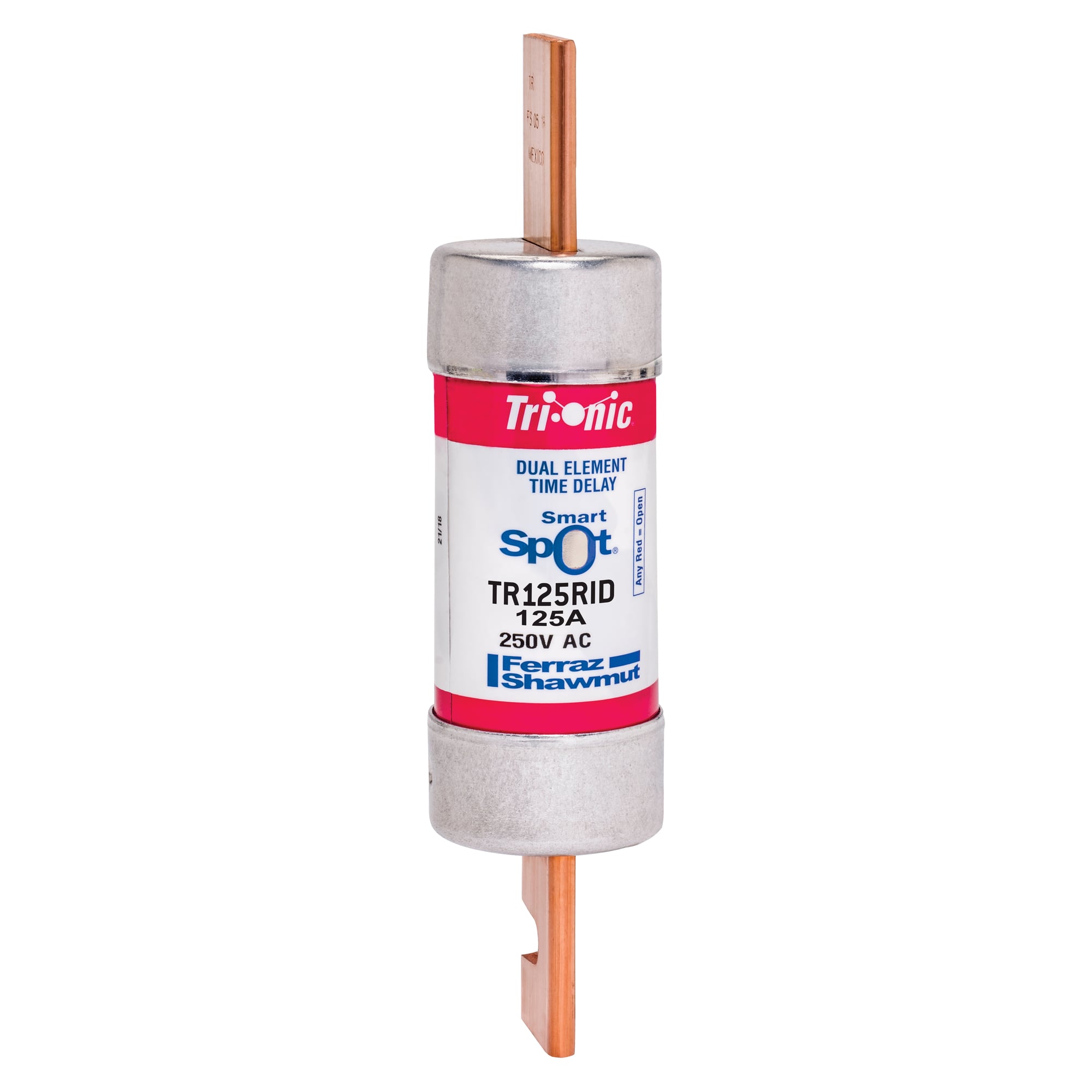 TR125RID Tri-Onic SmartSpot Current Limiting Low Voltage North American Style Time Delay Fuse With Blown Fuse Visual Indication, 125 A, 250 V AC, 200 kA Interrupt, RK5 Class, Cylindrical Body