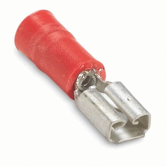 RAD1827 Sta-Kon 187 Female Disconnect, 22 to 18 AWG Conductor, 0.187 in W x 0.02 in THK Tab, Internal Serration Long Barrel, Brass, Red, Insulated