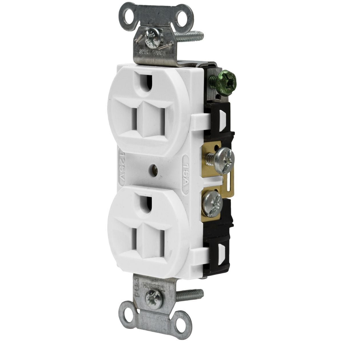 5262AW 1-Phase Duplex Heavy Duty Self-Grounding Standard Straight Blade Receptacle, 125 V, 15 A, 2 Poles, 3 Wires, White