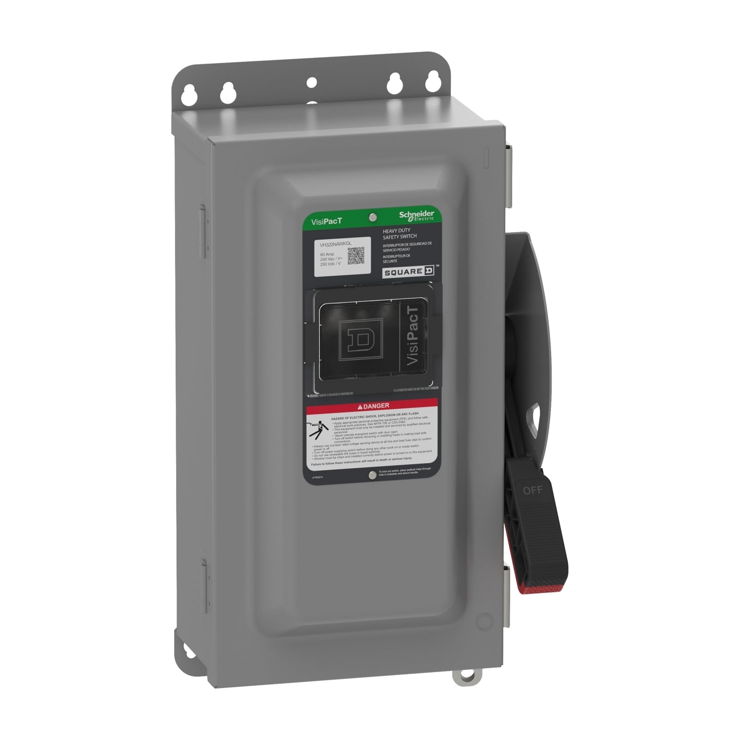 VH322NAWKGL Heavy Duty Fusible Disconnect Safety Switch, 240 VAC, 250 VDC, 60 A, 3, 7.5, 10, 15 hp, 3 Poles