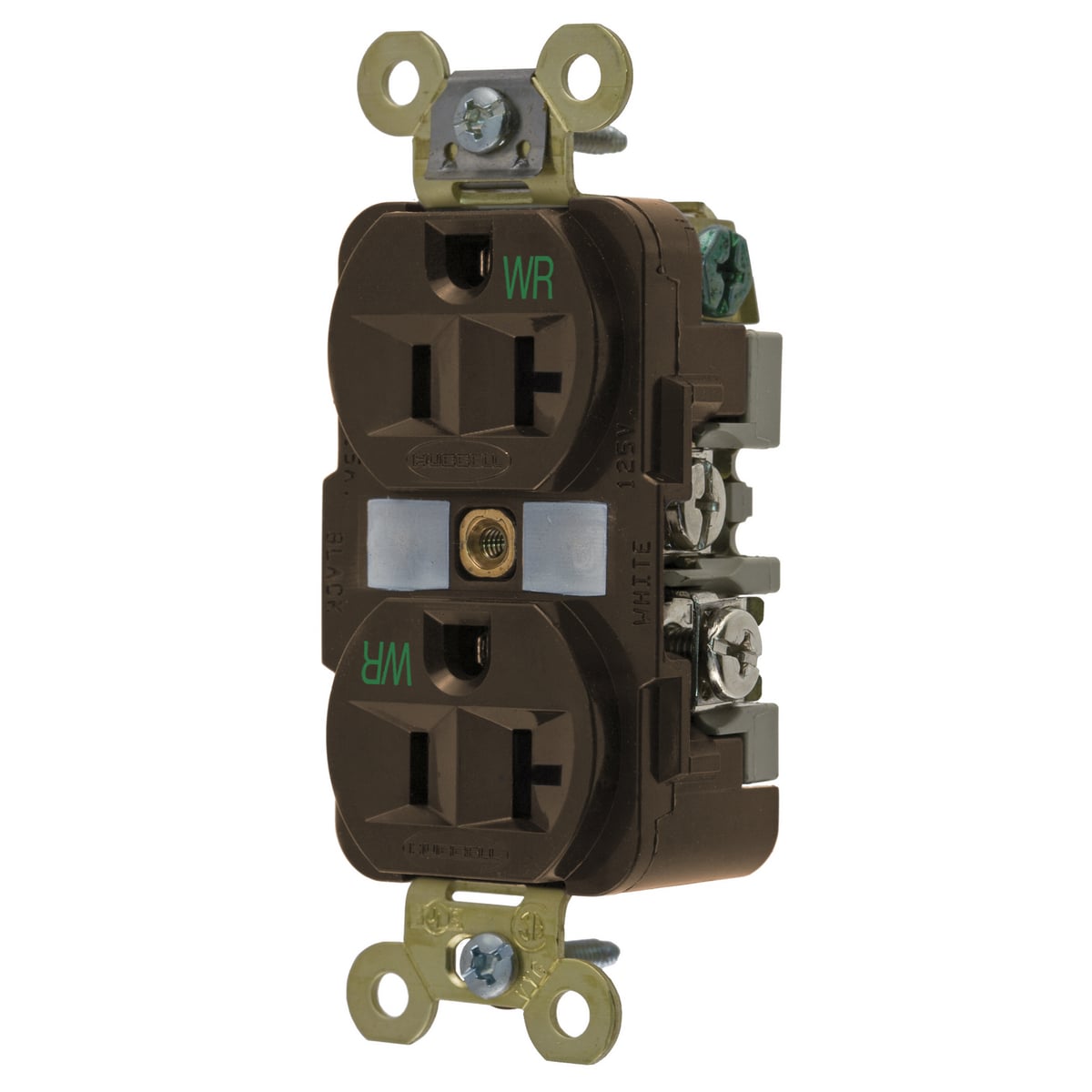 HBL5362WR 1-Phase Grounding Extra Heavy Duty Screw Mount Weather Resistant Straight Blade Duplex Receptacle, 125 V AC, 20 A, 2 Poles, 3 Wires, Brown