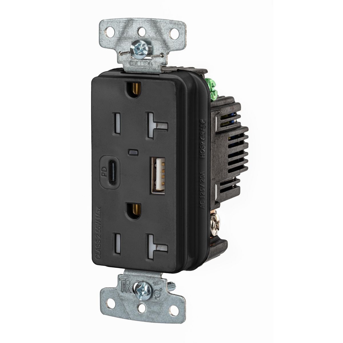 USB20ACPDBK USB Charger Tamper Resistant USB, Electrical Ratings: 125 V AC, 20 A, 2 Poles, 3 Wires, Black