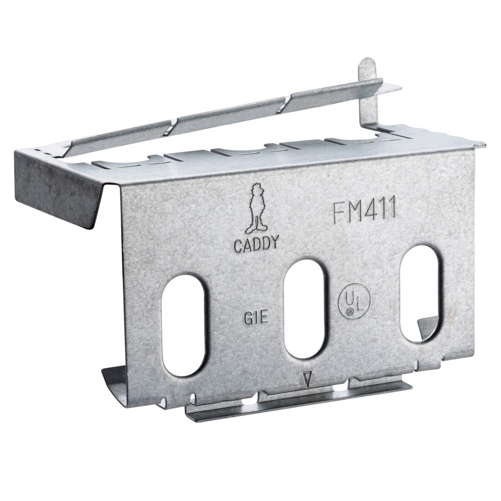 FM411 First Means of Securement Bracket, For Use With Heavy Duty Box Bracket, 4-11/16 in Box Size, 3/4 in EMT Conduit Size, 14 to 12 AWG MC/AC Cable Size, Steel
