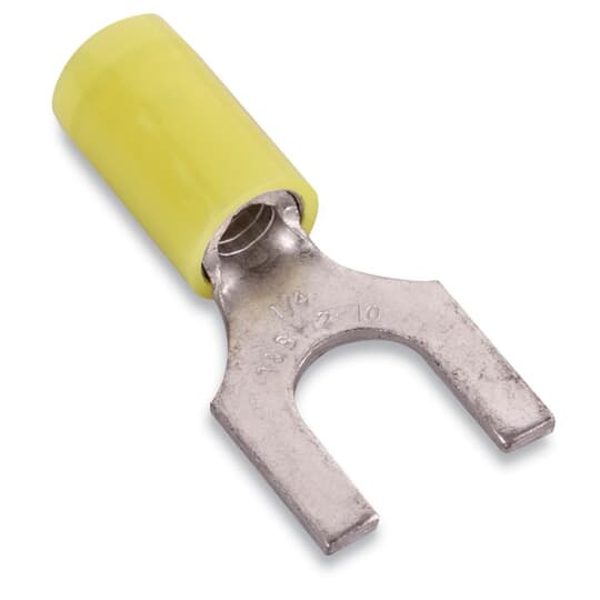 RC10-14F Sta-Kon RC Series Insulated Fork Terminal, 12 to 10 AWG Conductor, 1.12 in L, Brazed Seam/Serrated Barrel, Copper, Yellow