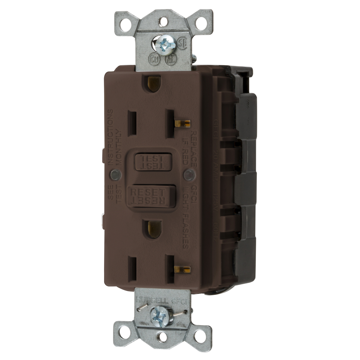 GFRST20SNAP 1-Phase Decorator Duplex Heavy Duty Standard Self-Test Screw Mount GFCI Receptacle, 125 VAC, 20 A, 2 Poles, 3 Wires, Brown