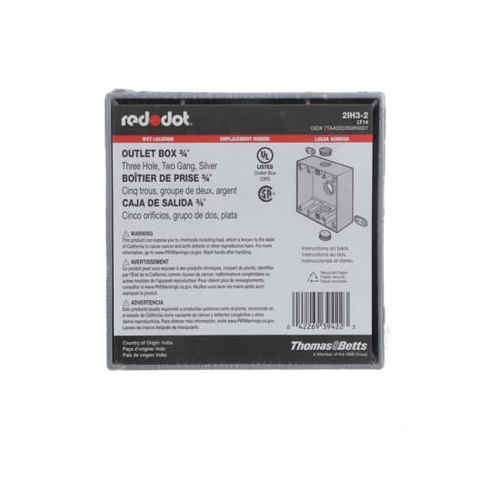 Two Gang Universal Weatherproof Box, 31 Cubic Inches, Hub Size 3/4 Inch, Silver, Aluminum, 3 Outlets