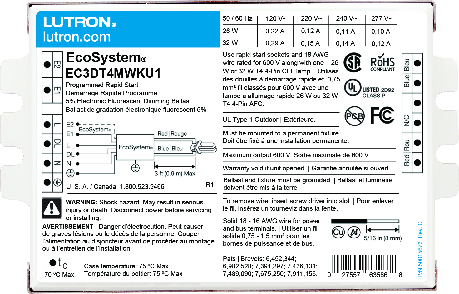 EC3DT4MWKU1 EcoSystem Type K Digital Dimming Ballast, T4 Lamp, 26/32 W Lamp, 120/220/240/277 VAC, Programmed/Rapid, 0.95 Ballast Factor