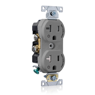 Tamper Resistant Duplex Receptacle, 2-Pole 3-Wire, NEMA 5-20R, 20A-125V, Gray, Back And Side Wired, Self Grounding, Triple-combination-head Screws, Commercial Spec Grade - 2 Plug Controlled Markings Universal Marking Orientation
