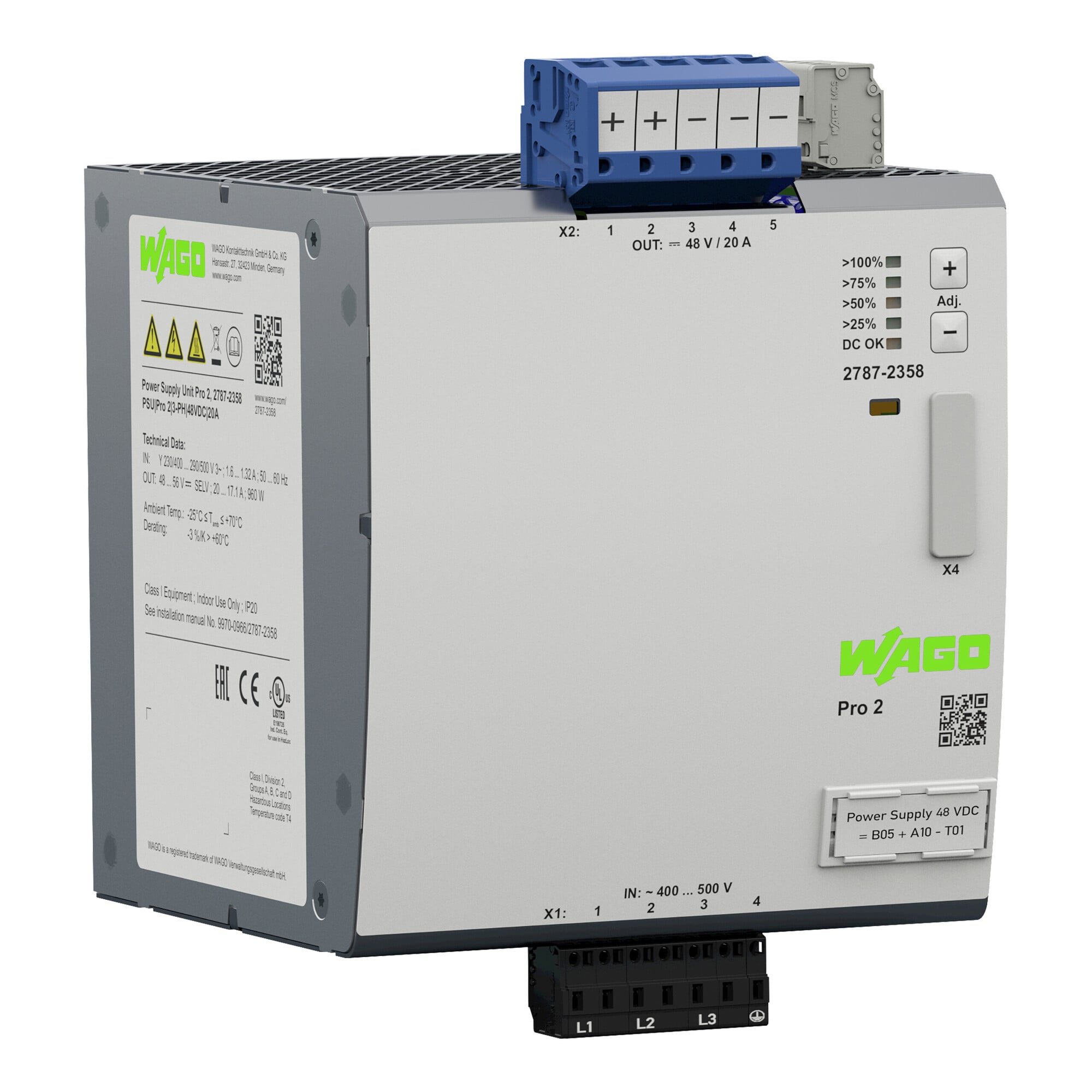 2787-2358 3-Phase, 550 V Input, 48 V DC Output, DIN Rail Mount