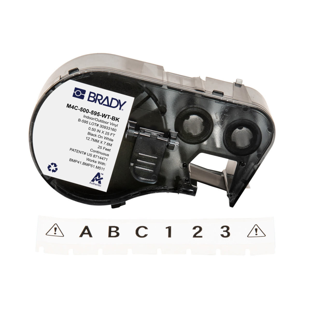 M4C-500-595-WT-BK General Permanent Adhesive, 25 ft L x 0.5 in W, Black on White, B-595 Vinyl