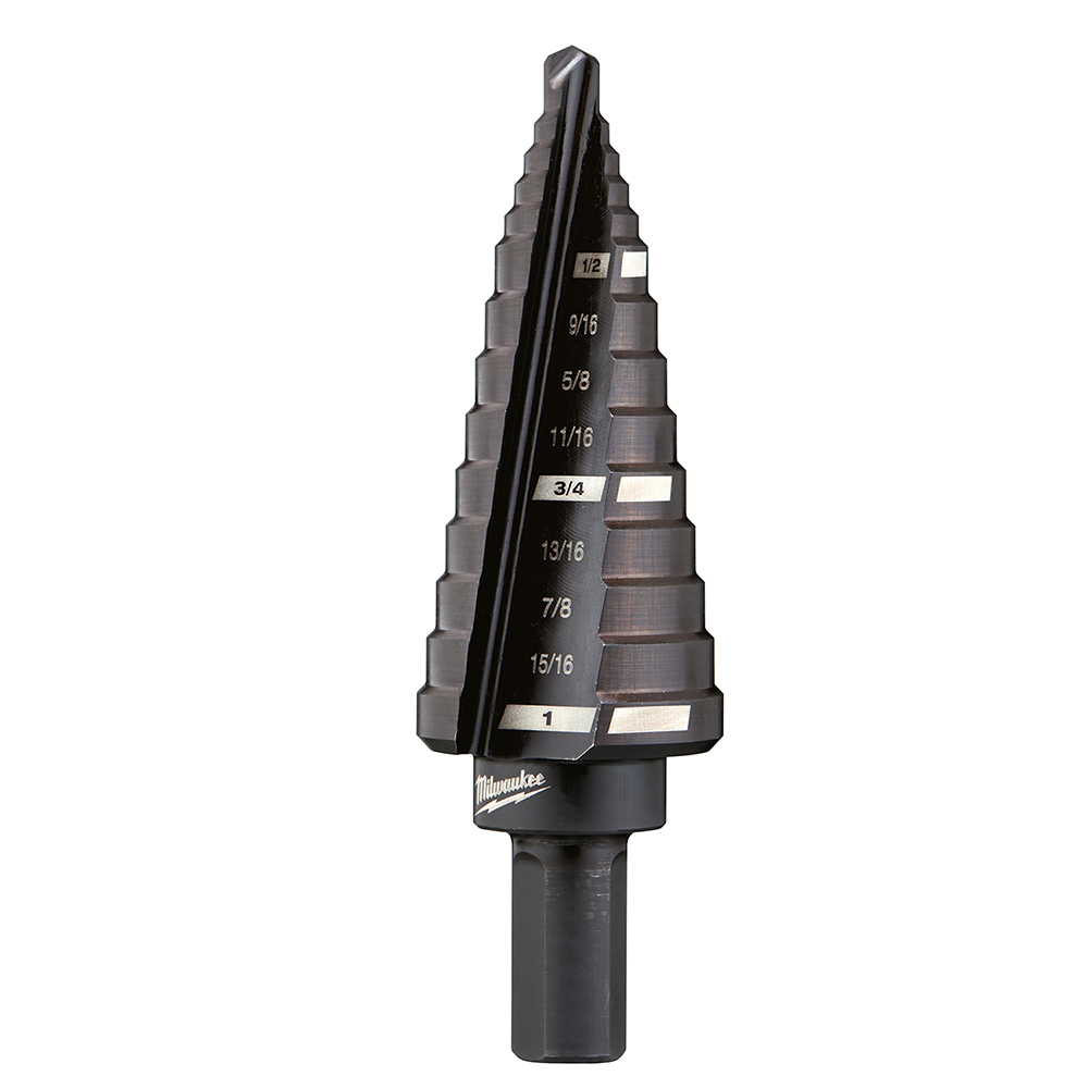 48-89-9208 Step Drill Bit, 1/2 in Dia Min Hole, 1 in Dia Max Hole, 9 Steps, HSS, 8 Hole Sizes, 3/8 in Shank