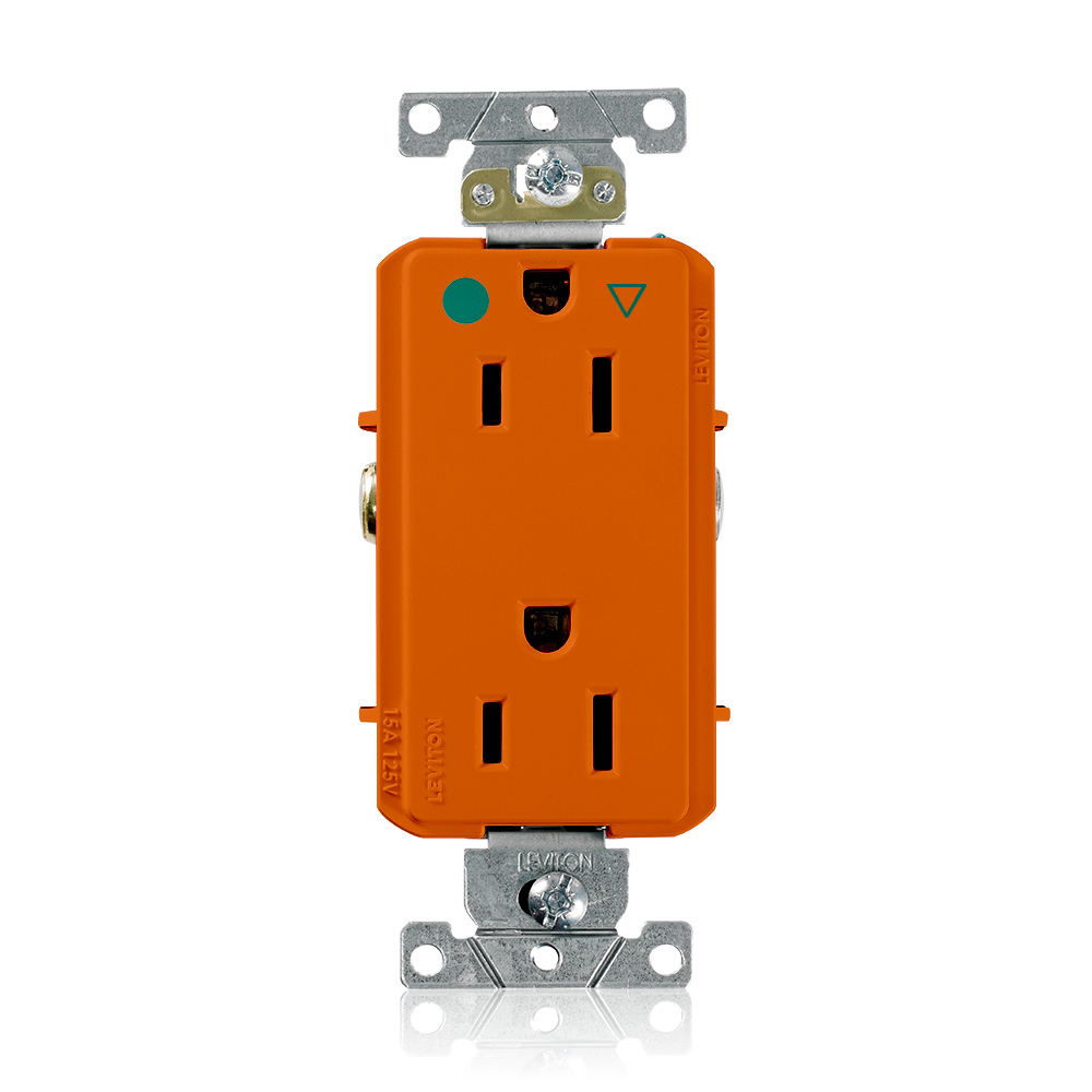 D8200-IG Decora Plus Duplex Heavy Duty Isolated Self-Grounding Smooth Face Straight Blade Receptacle, 125 V AC, 15 A, 2 Poles, 3 Wires, Orange
