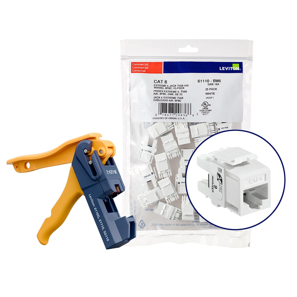 61110-JW6 QuickPort 8-Conductor 8-Position Channel/Component Rated UTP Connector With Jack Rapid Tool, Cat 6 Module, Panel Mount, 1 Ports, Plastic, White