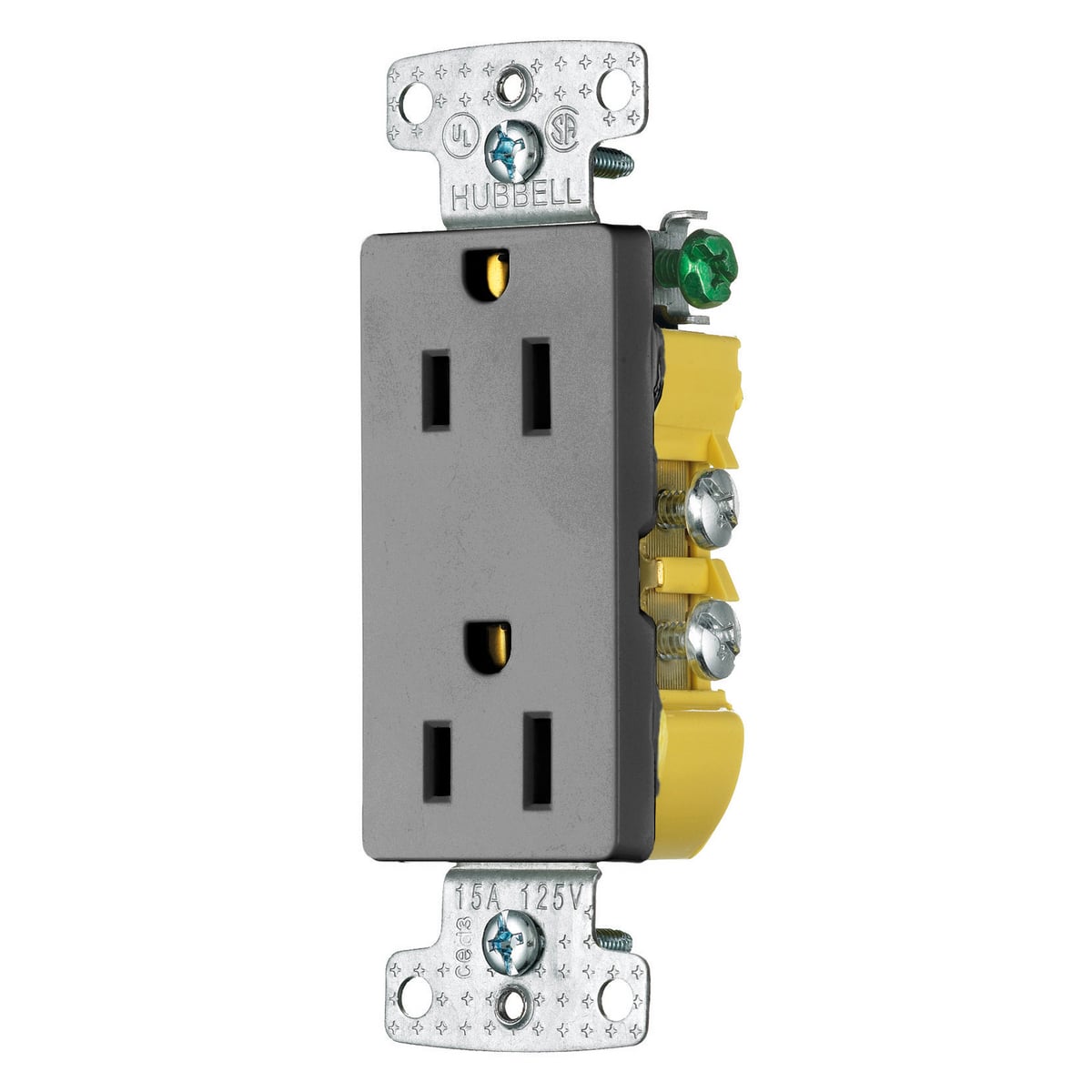 RRD15GY Decorator Duplex Grounding Standard Screw Mount Straight Blade Receptacle, 125 V AC, 15 A, 2 Poles, 3 Wires, Gray