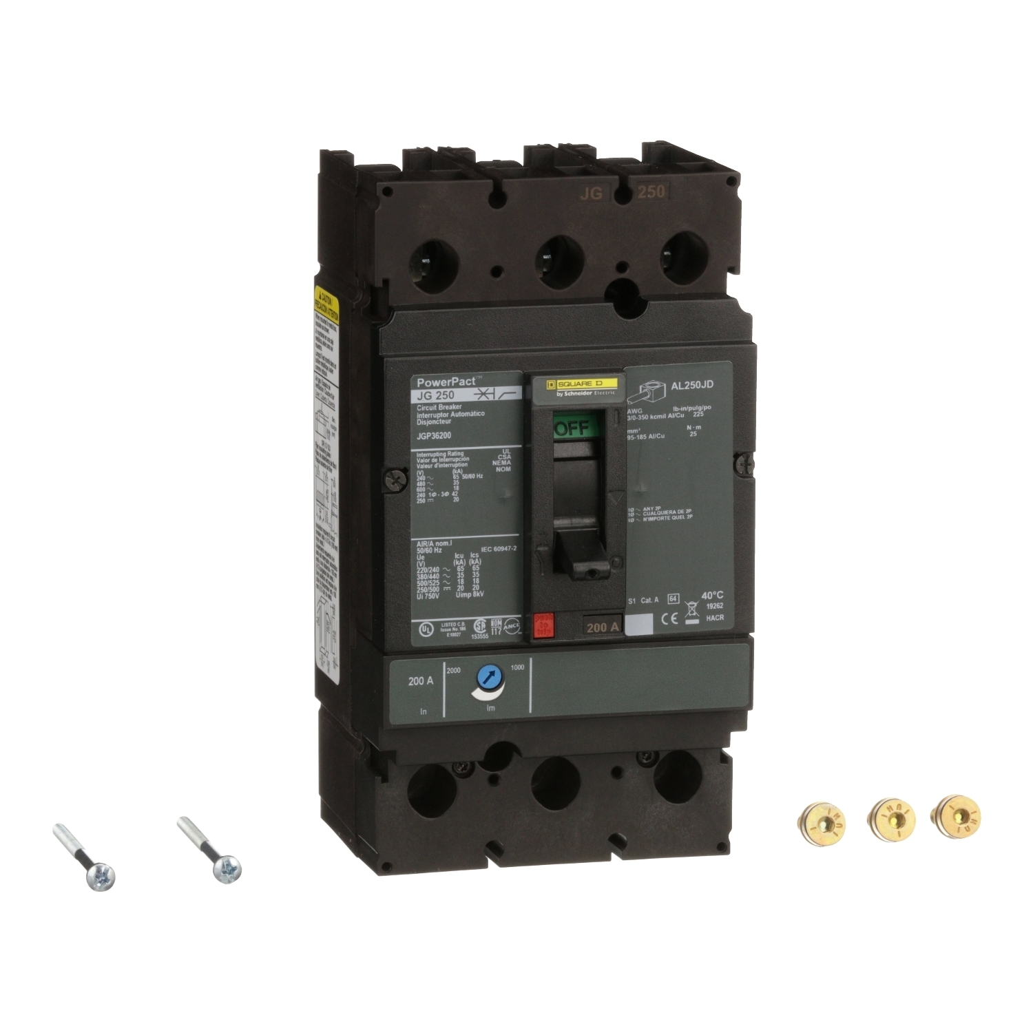 JGP36200 PowerPact 80% Rated Molded Case Circuit Breaker, 600 V AC/500 V DC, 200 A, 18/20 kA Interrupt, 3 Poles, Thermal Magnetic Trip