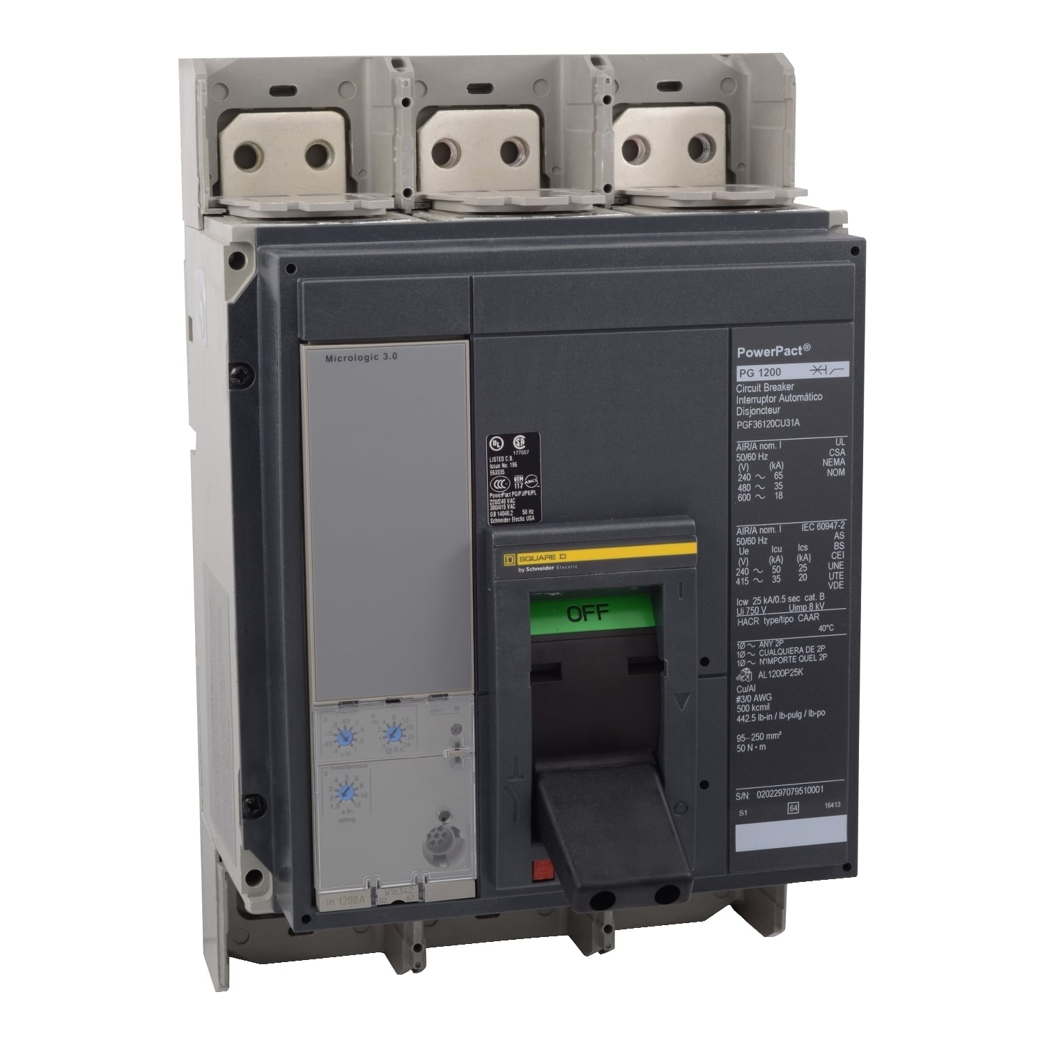PGF36080CU31A PowerPact MasterPact Type PGF Molded Case Circuit Breaker, 600 V AC, 800 A, 65 kA at 240 V AC, 35 kA at 480 V AC, 18 kA at 600 V AC Interrupt, 3 Poles, Electronic Trip