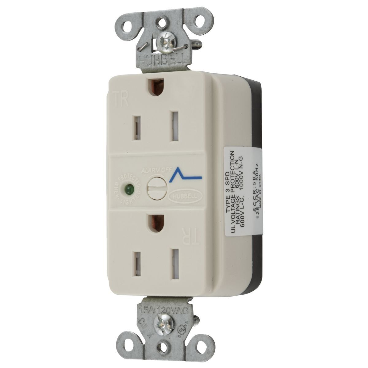 SNAP5262LAS 2-Pole 3-Wire Duplex Extra Heavy Duty Standard Traditional Straight Blade Surge Protection Receptacle, 125 VAC, 15 A, 1 Phase