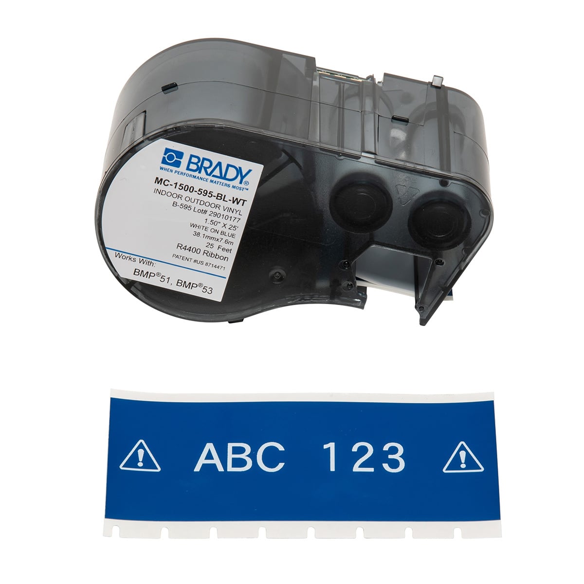 MC-1500-595-BL-WT M Series Label Maker Cartridge, 25 ft L x 1-1/2 in W, For Use With BMP 53 and BMP 51 Label Maker, B-595 Vinyl, White on Blue