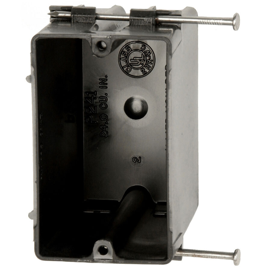 FlexBox; 1-Gang Switch/Outlet Box; Angled mid nails, 3-9/16 Inch Depth, Thermoplastic, 24 Cubic-Inch, Black