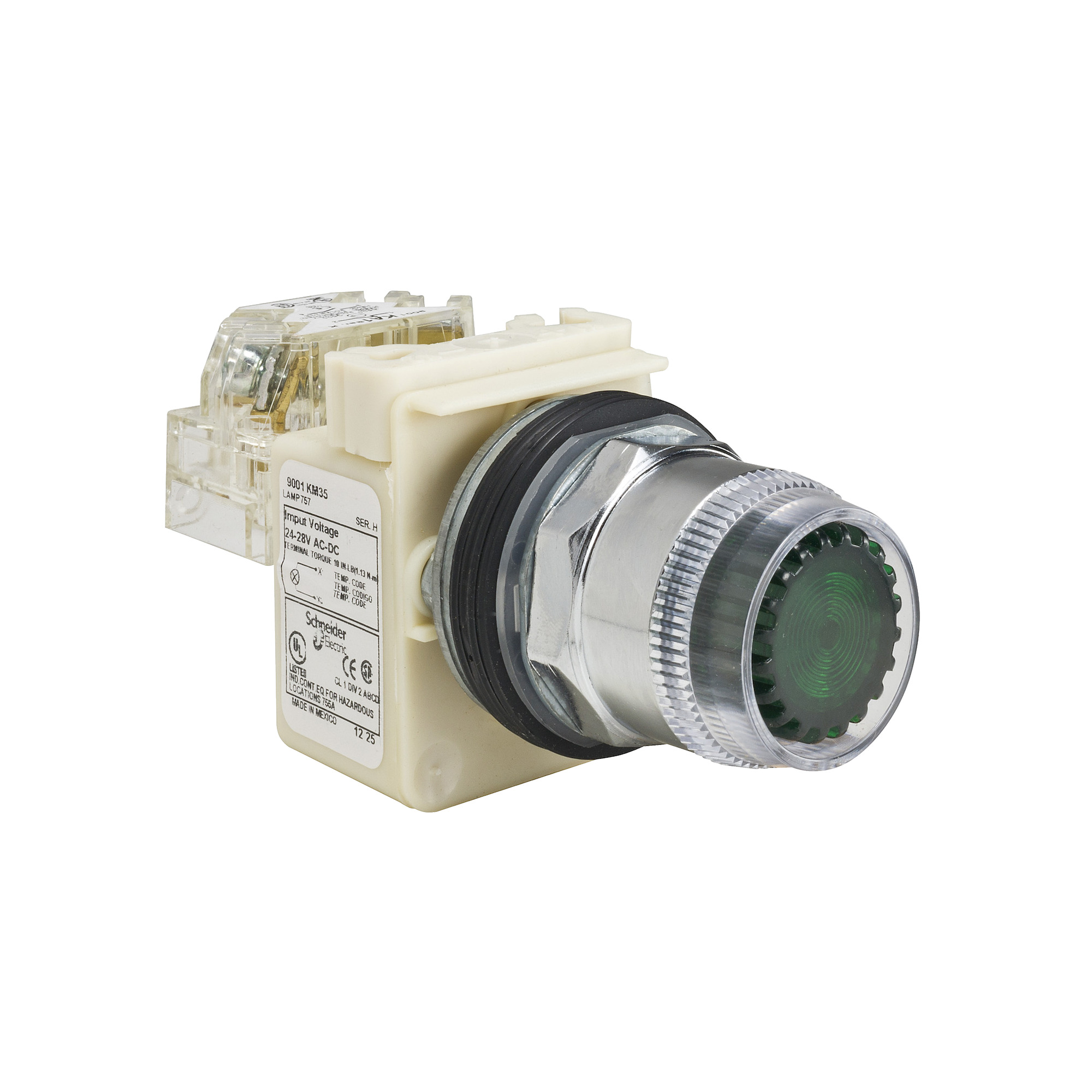 9001K1L35GH13 Harmony Type K Dusttight/Oiltight/Watertight Direct Heavy Duty Unmarked Illuminated Pushbutton With Plastic Full Guard, Contact Block, 30 mm, 1CO Contact, Slow Break Contact, Flush Operator, Green