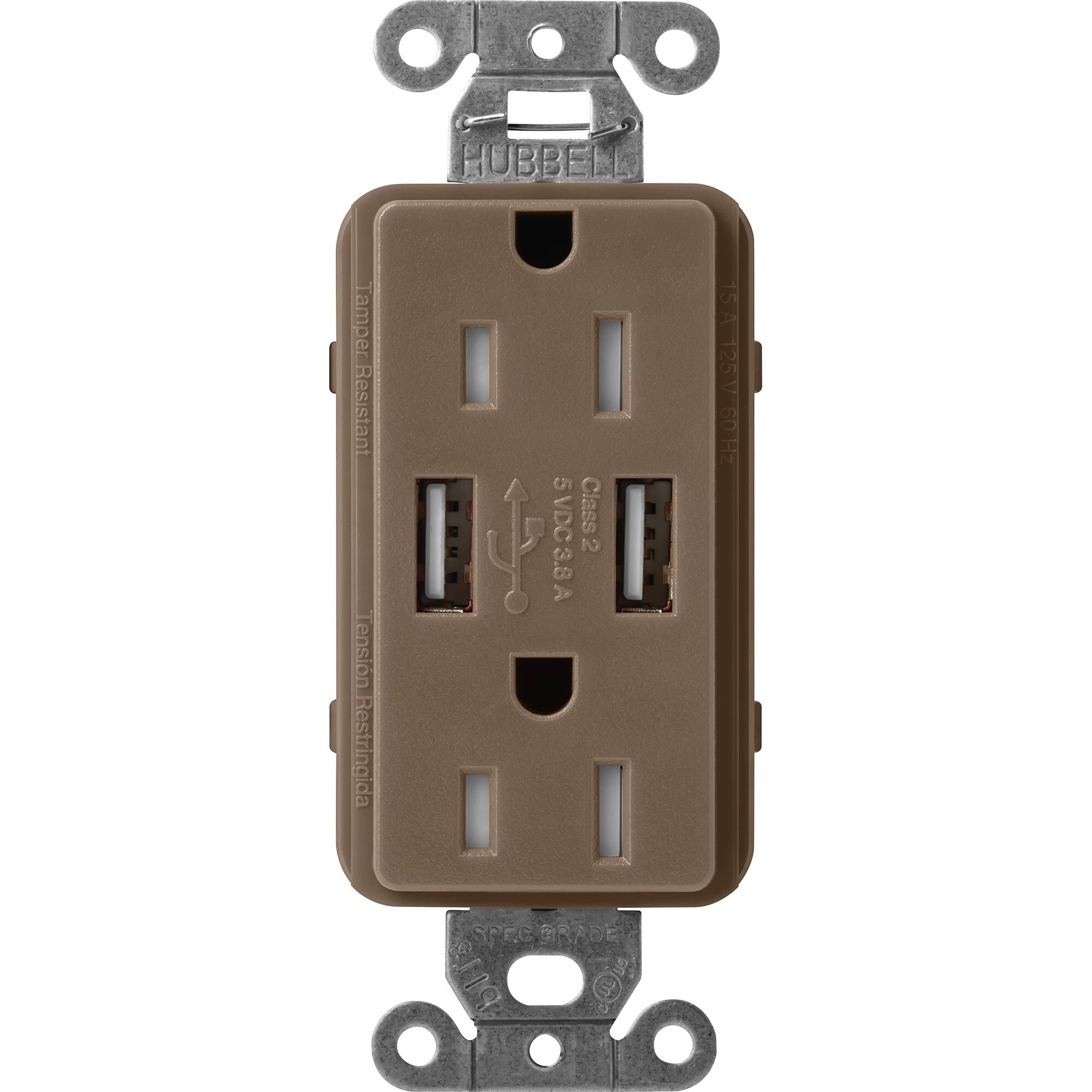 SCR-15-UBTR-EP Claro Tamper-Resistant USB-A Duplex Receptacle, Decorator-Style Outlet, 15 Amp, Self-Testing, Satin, Espresso