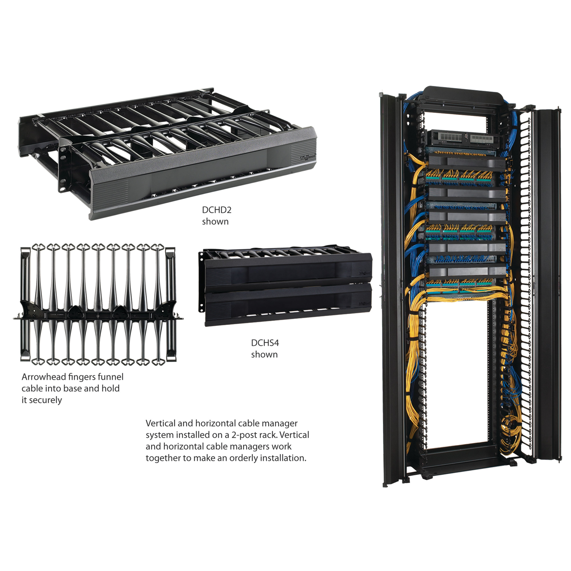 DCHS2 CableTek DACCY 1-Sided Horizontal Cable Manager, 19 in H x 6 in W x 3-1/2 in D, Composite, Black