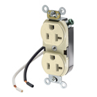 20 Amp 125 Volt Duplex Receptacle, 2 Pole, 3 Wire, Leaded, Spec Grade, Ivory