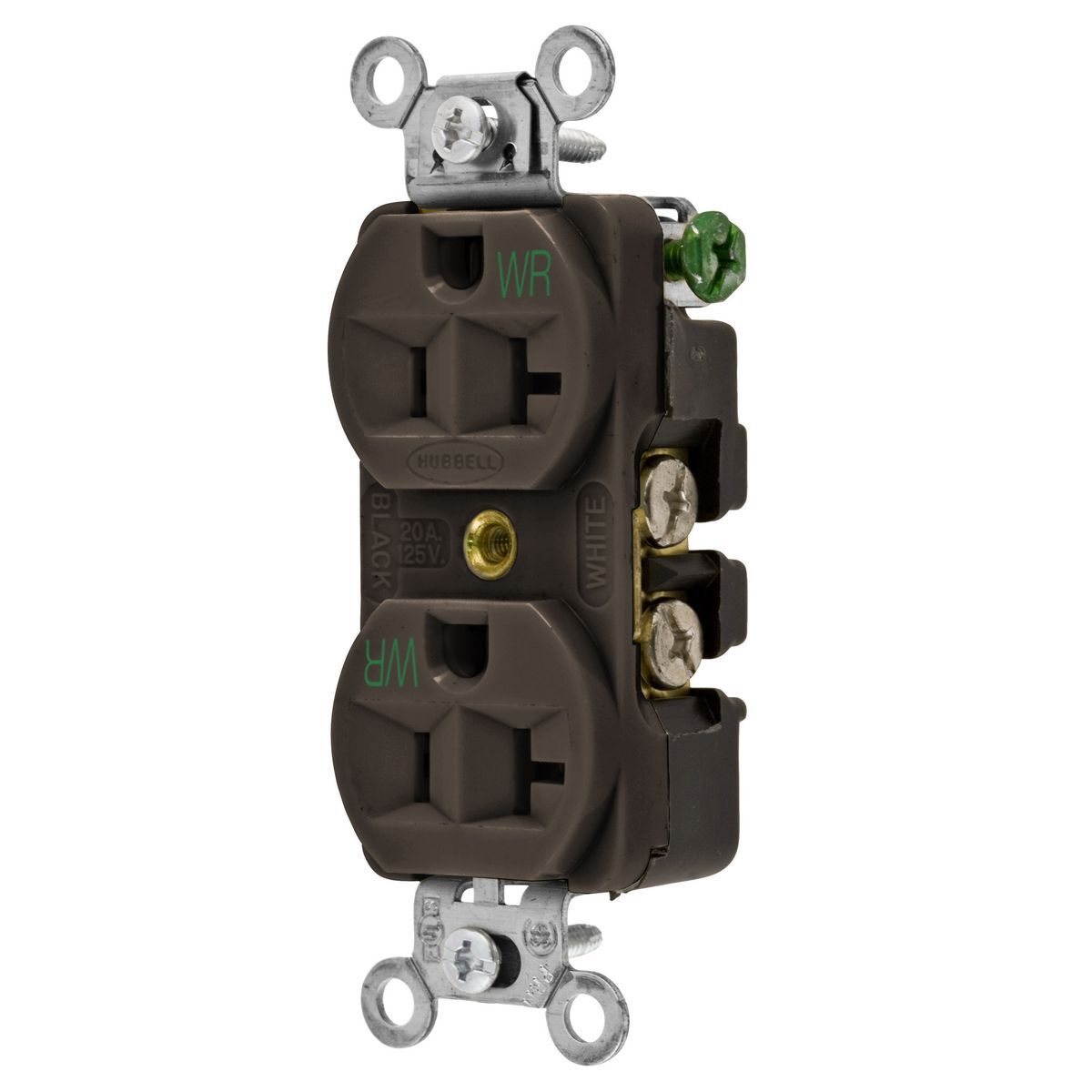 5362WR 1-Phase Duplex Heavy Duty Standard Weather-Resistant Screw Mount Straight Blade Receptacle, 125 V AC, 20 A, 2 Poles, 3 Wires, Brown