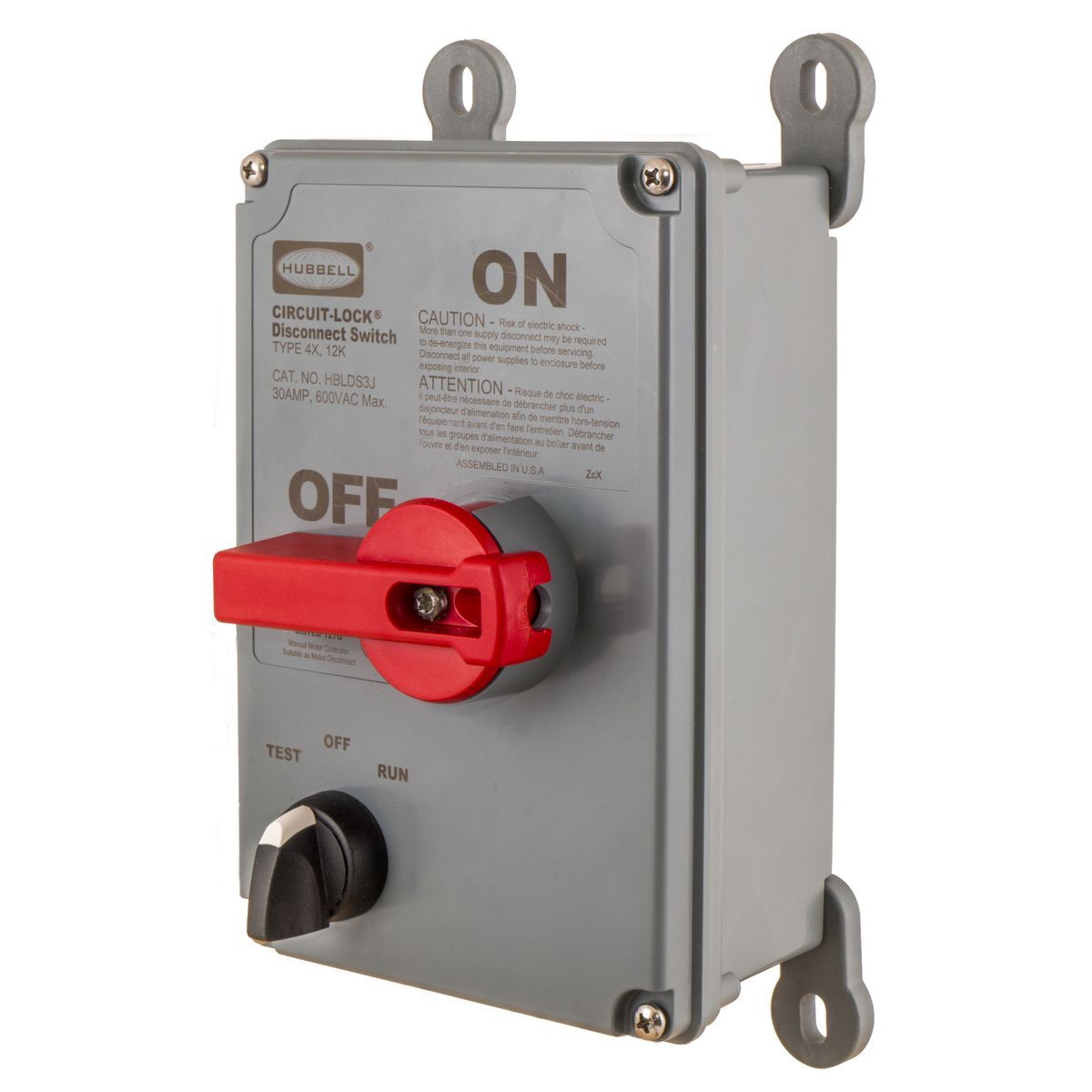 HBLDS3J Labelless Non-Metallic Standard Unfused Enclosed Disconnect Switch With Jog Switch, 600 V, 30 A, 15 hp, 3 Poles