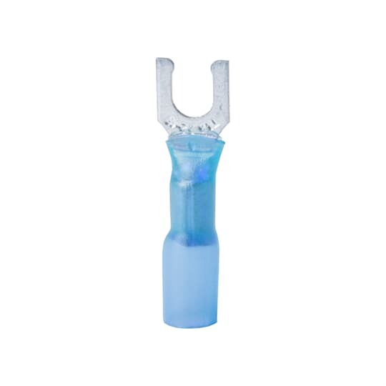 RBS14-10FLX Sta-Kon Heat Shrinkable Insulated Fork Terminal, 16 to 14 AWG Conductor, 1.35 in L, Brazed Seam/Serrated Barrel, Copper, Blue