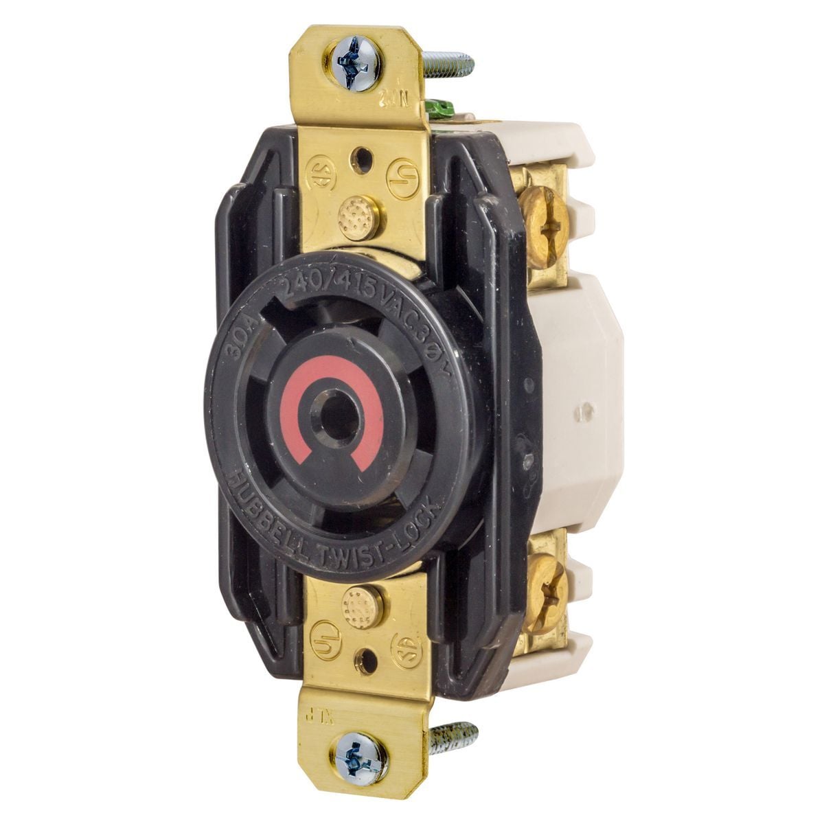 HBL2800 3-Phase Flush Grounding Screw Mount Single Receptacle, 240/415 V AC, 30 A, 4 Poles, 5 Wires, Black