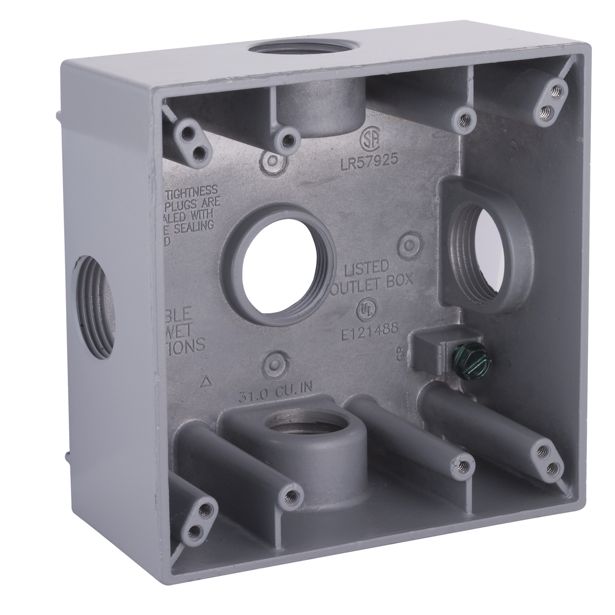 5342-0 Weatherproof Outlet Box, Die Cast Aluminum, 32 cu-in Capacity, 2 Gangs, (5) Outlets, 4-1/2 in H x 4-1/2 in W x 2-1/8 in D