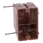Single-Gang Nail-On Outlet Box, Volume 22.5 Cubic Inches, Length 3-7/8 Inches, Width 2-3/8 Inches, Depth 3-21/32 Inches, Color Brown, Material Phenolic, Mounting Means Recessed Angled Nails