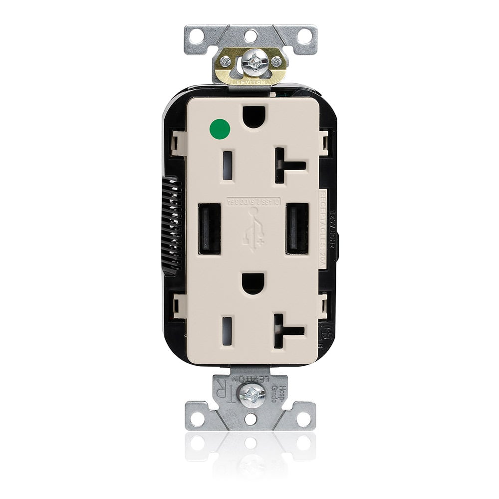 M58AA-HGT Decora Lev-Lok Duplex Heavy Duty Tamper-Resistant Combination USB Receptacle, 125 V AC, 20 A, 2 Poles, 3 Wires, Light Almond